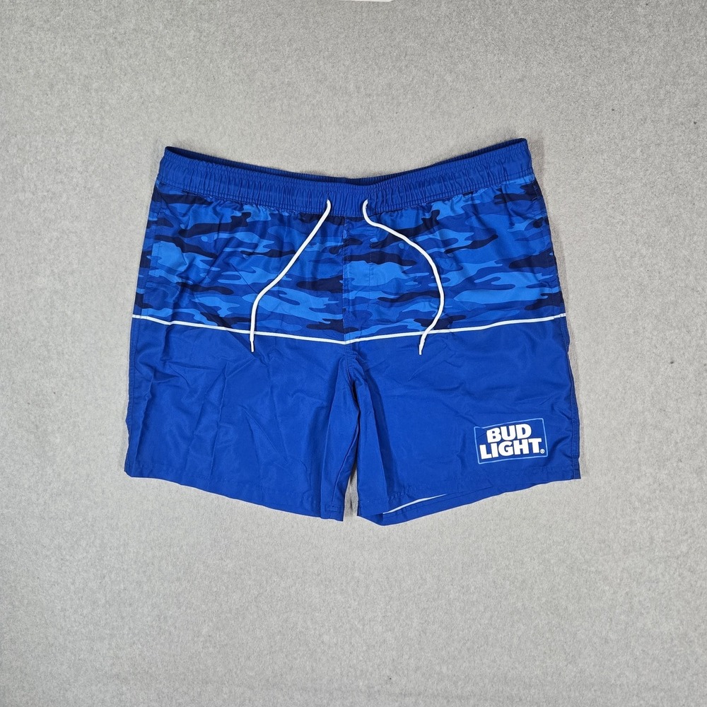 Bud Light Men Swimwear 2XL Blue Camo Trunks Logo Drawstring Pockets 7" Inseam